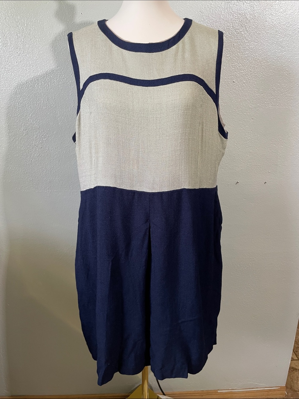 Boden Sleeveless Knit Dress Navy Cream Colorblock Textured Zip Medium Nautical